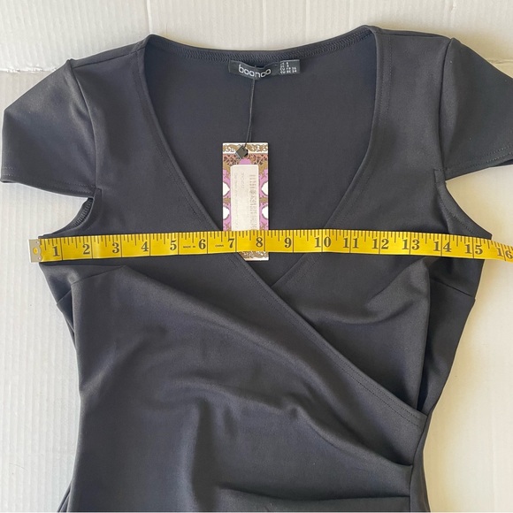 Boohoo Black Asymmetrical Wrap Dress Rushed Waist Little Black Dress Cap Sleeves - Picture 6 of 16